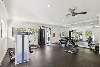 A spacious gym with a variety of equipment including a squat rack, bench, and weights.